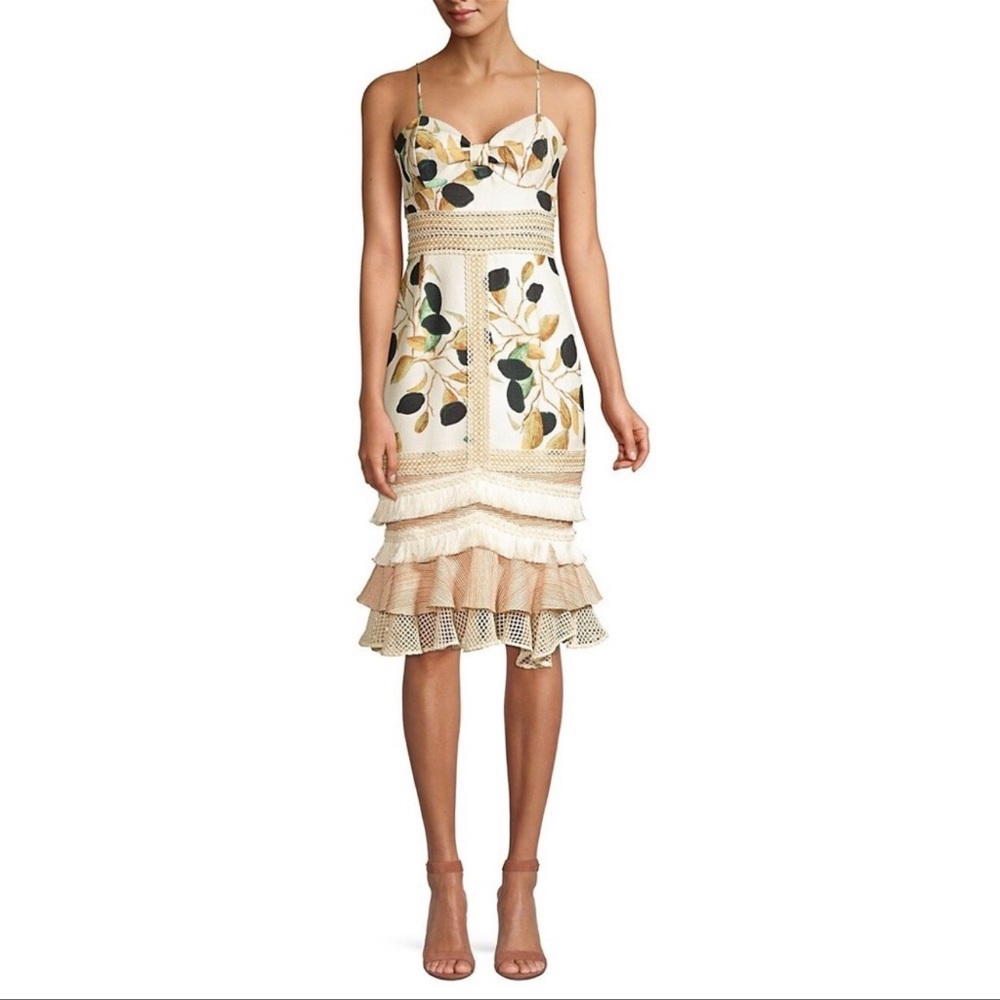 PatBO Fruta Printed Fitted Midi Dress White/Green 0